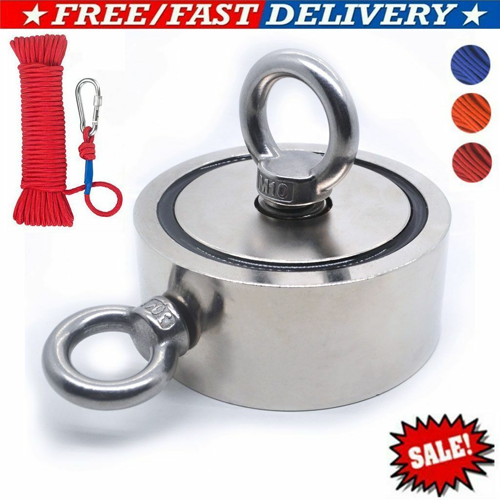 Upto 1300 Lbs Fishing Magnet Kit Pull Force Strong Neodymium + Rope + Carabiner