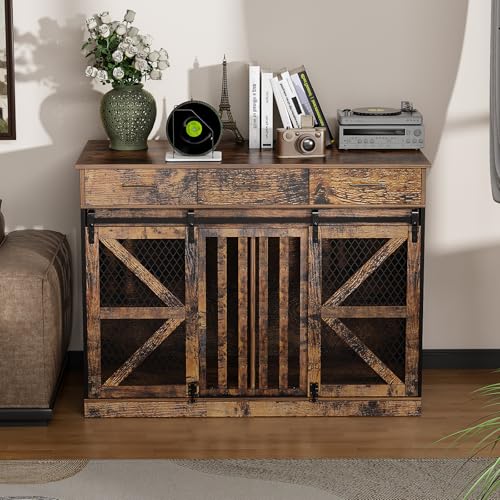 48'' Dog Crate Furniture with Removable Divider & Storage Drawers, Wooden Double Dog Cage TV Stand with 2 Sliding Barn Doors, Multi-Functional Dog Crate End Table for Indoor use (White)