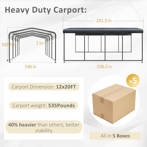 MUPATER 10 x 15 FT Heavy Duty Metal Carport, Outdoor Garage Car Shelter Shade with Heavier Metal Frame, Metal Roof and Bolts for Car, and Boats, Grey