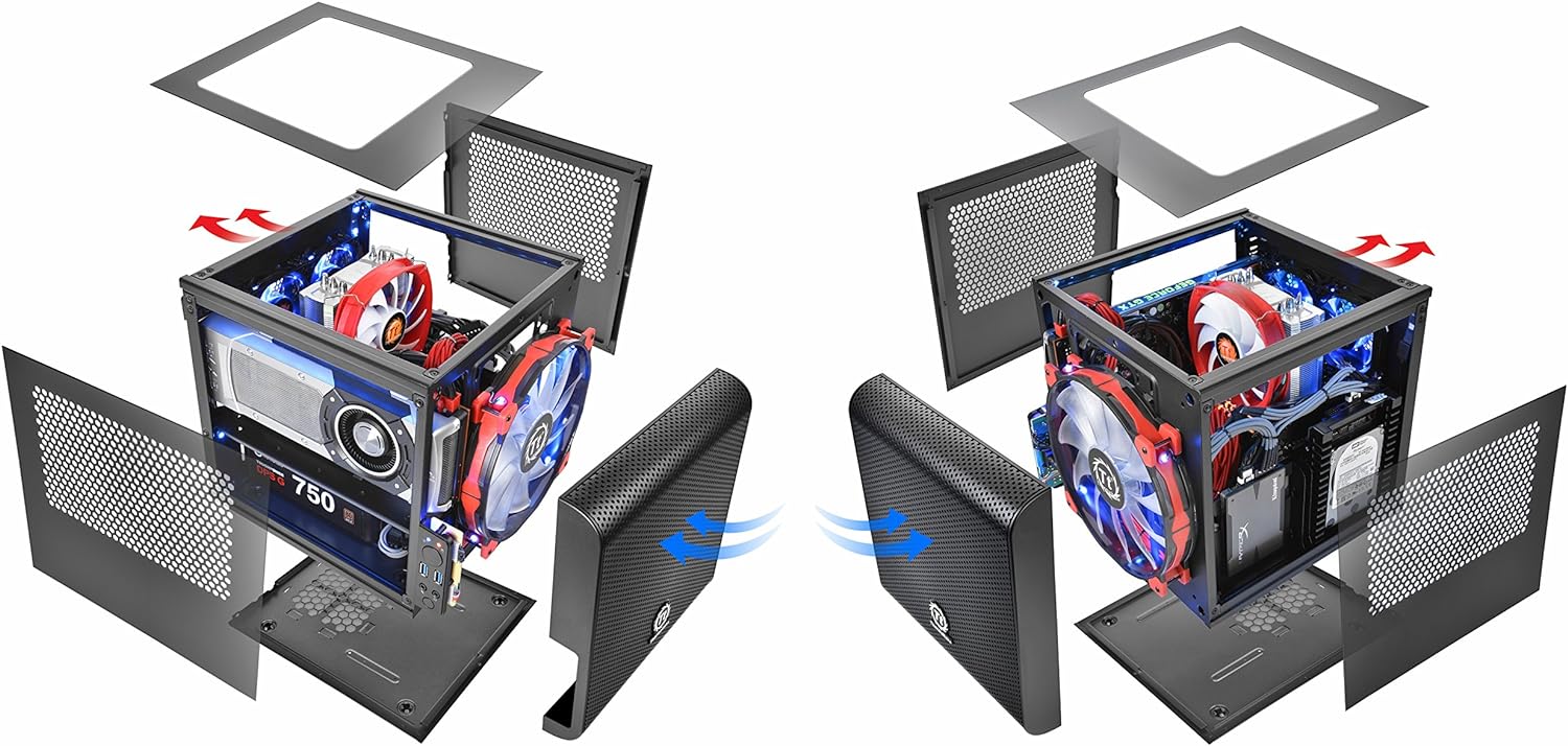 Thermaltake Core V1 SPCC Mini ITX Cube Gaming Computer Case Chassis, Interchangeable Side Panels, Black Edition, CA-1B8-00S1WN-00