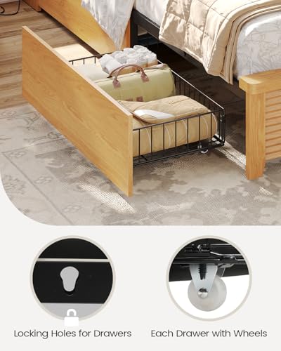 VIAGDO Wood Bed Frame Full Size with 4 Storage Drawers and Charging Station, Fluted Led Full Bed Frame with 2 Tier Storage Headboard, No Box Spring Needed,Wood