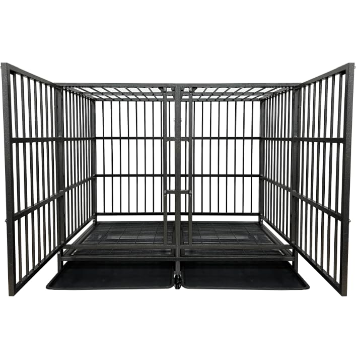 54/48/42/38 inch Heavy Duty Indestructible and Escape-Proof Dog Crate Cage Kennel for Large Dogs, High Anxiety Dog Crate with Removable Wire Trays and Wheels, Extra Large XL XXL