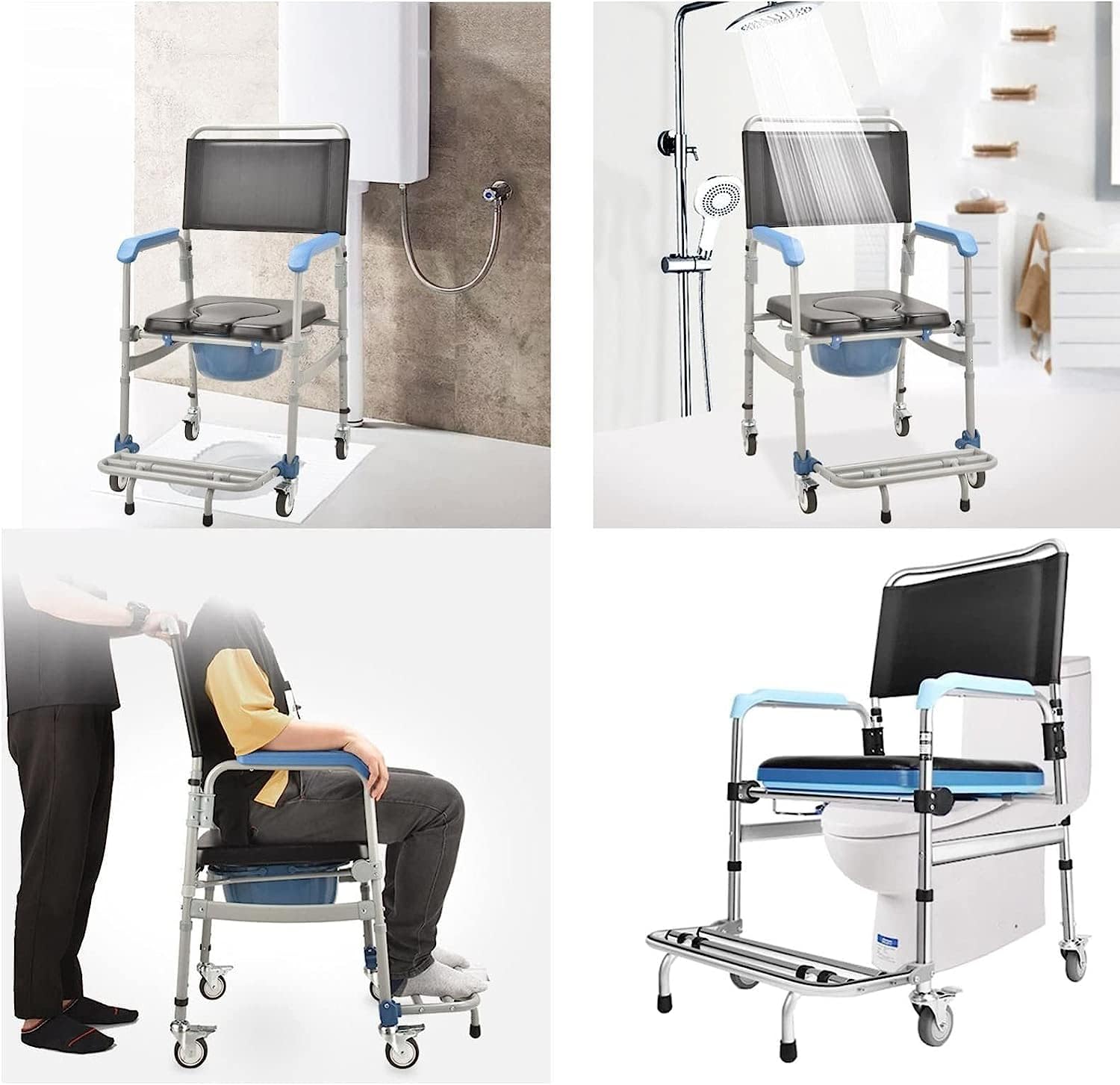 KOHARA Commode eelchair, Lightweight Bedside Commode Portable Toilet Bath Chair with Built-in Toilet for Disabled People The Elderly Others up to 150 Kg Adjustable Height Shower Chair A
