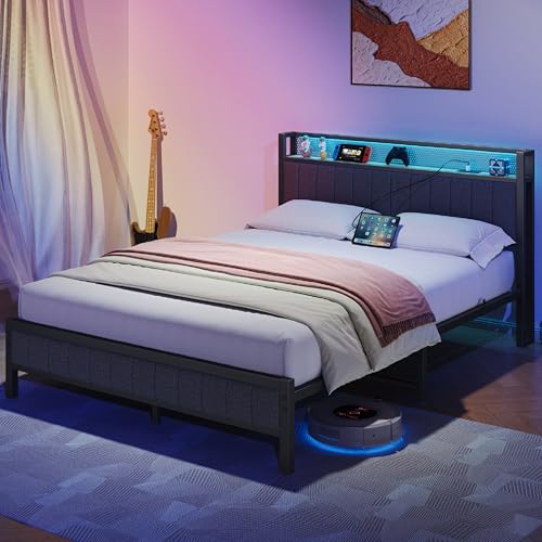 Queen Bed Frame with Storage Headboard and Footboard, Metal Platform Upholstered Bed Frame Queen Size with Charging Station, USB Ports and RGB LED Lights, No Box Spring Needed, Gray Queen Bed