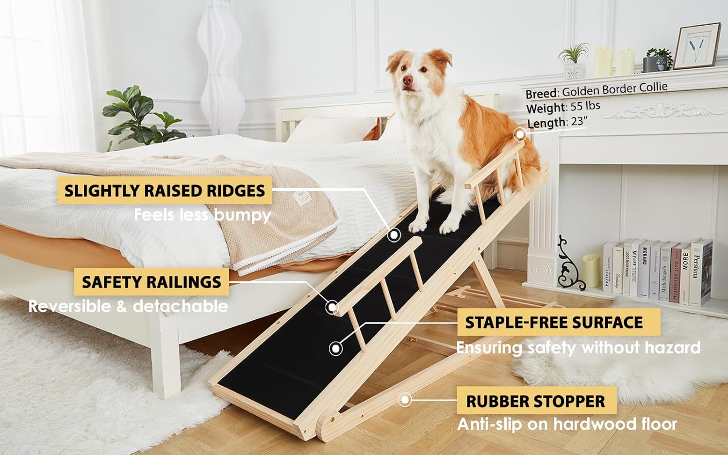 Woohoo Dog Ramp for Bed - Non-Slip Rubber Surface - Folding Wooden Pet Ramp for Dogs to Get on Bed - Dog Ramp for Large, Small, Old Dogs - Adjustable up to 30 inch High Beds, Safety Railings
