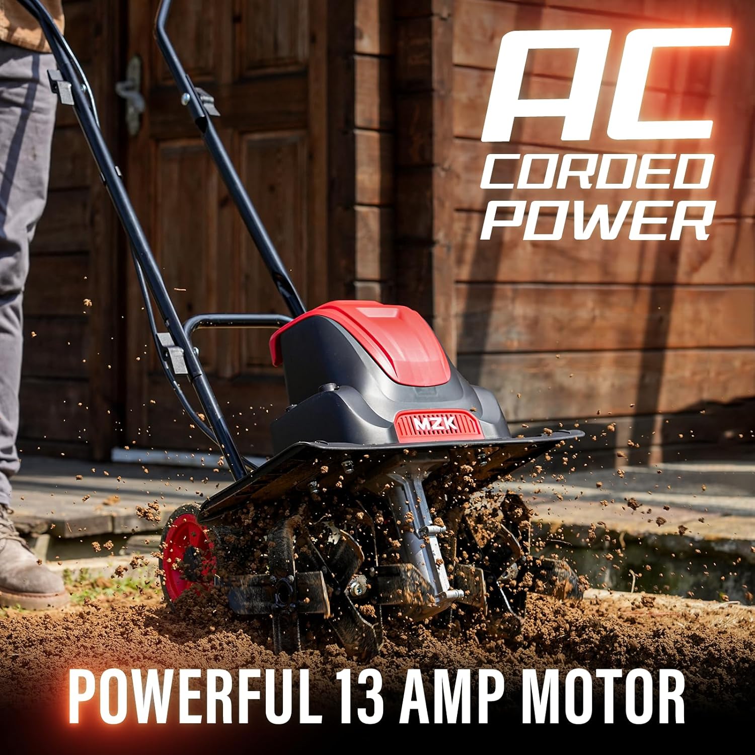 MZK 16-Inch 13-Amp Corded Electric Tiller/Cultivator, 8-inch tillling depth with Adjustable Wheels, Foldable Electric Rototiller for Garden Soil Digging