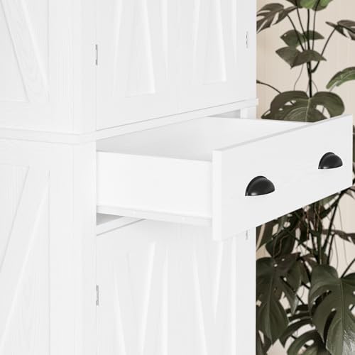 IRONCK Kitchen Pantry Storage Cabinet 72.6" H x 24" W, with Barn Doors, Drawer, 4 Adjustable Shelves, Freestanding Cupboard for Dining Room Living Room, Laundry, White