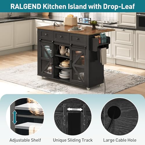 Kitchen Island with Storage, Kitchen Cart with Charging Station, Rolling Kitchen Island Table with Drop-Leaf, 3 Drawers, Barn Doors, Towel Rack and Spice Rack, White and Walnut