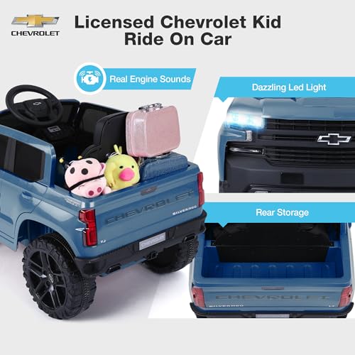 12V Kids Ride On Truck Car Licensed Chevrolet Silverado with Back Storage, Remote Control, LED Lights & MP3 Music, Chevy Silverado Trail Boss LT Electric Truck for Kids, Red