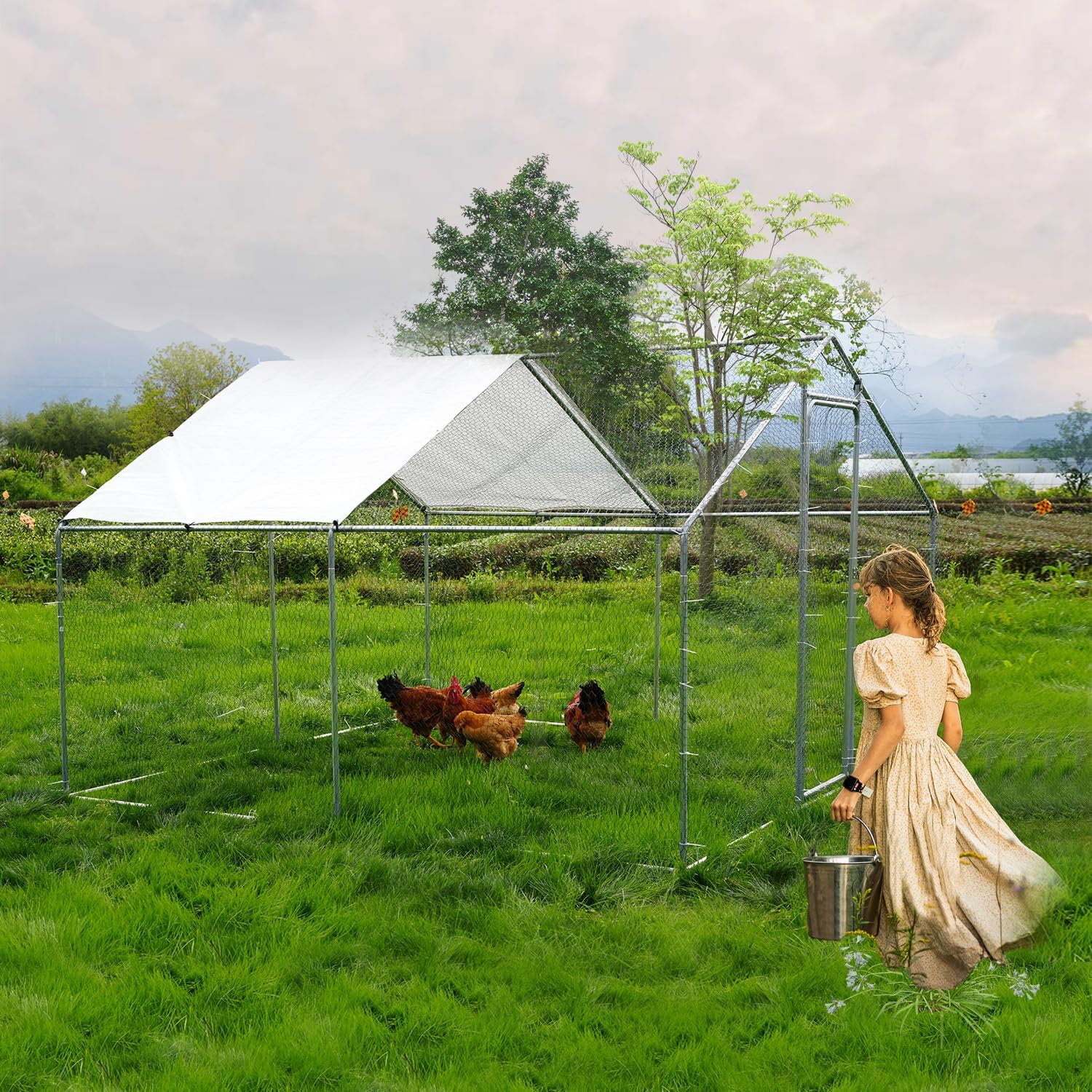 Large Metal Chicken Coop, Outdoor Metal Chicken Run with Waterproof and Anti-Ultraviolet Cover for 10-20 Chickens, Walk-in Poultry Cage for Chicken, Duck, Rabbit, Dog (9.84'×9.84'×6.46')