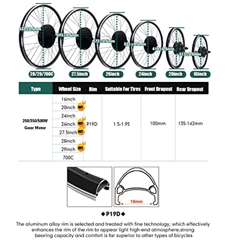 Electric Bike Conversion Kit,Ebike Rear Wheel Conversion Kit,48V 250/350/ 500/1000/1500W Rear Wheel Brushless Gear Motor, 16"/20"/24"/26"/27.5"/28"/29"/700C Wheel Optional,500W-29in