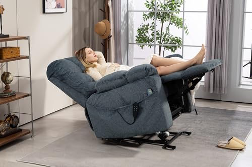 Light Grey Recliner Chair for Elderly | Tall and Big Man 400lbs | Chenille | Power Lift, Lay Flat, Stand Up, Wireless Charging Device, Extended Footrest, Massage Heat, Cup Holder, Lumbar Pillow