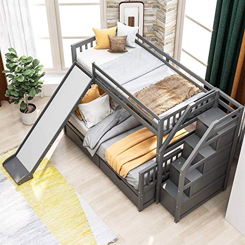 Harper & Bright Designs Twin Over Full Bunk Bed with Stairs and Slide, Multifunction Wood Bunk Bed with Storage Drawers, Gray