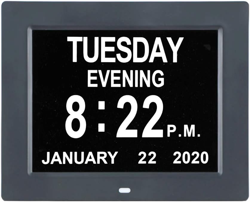 LaMi 8 Inch Digital Calendar Day Date Clock - 12 Alarm Options,Extra Large Non-Abbreviated Day&Month Memory Loss Clock for Seniors,Dementia,Impaired Vision (Black)