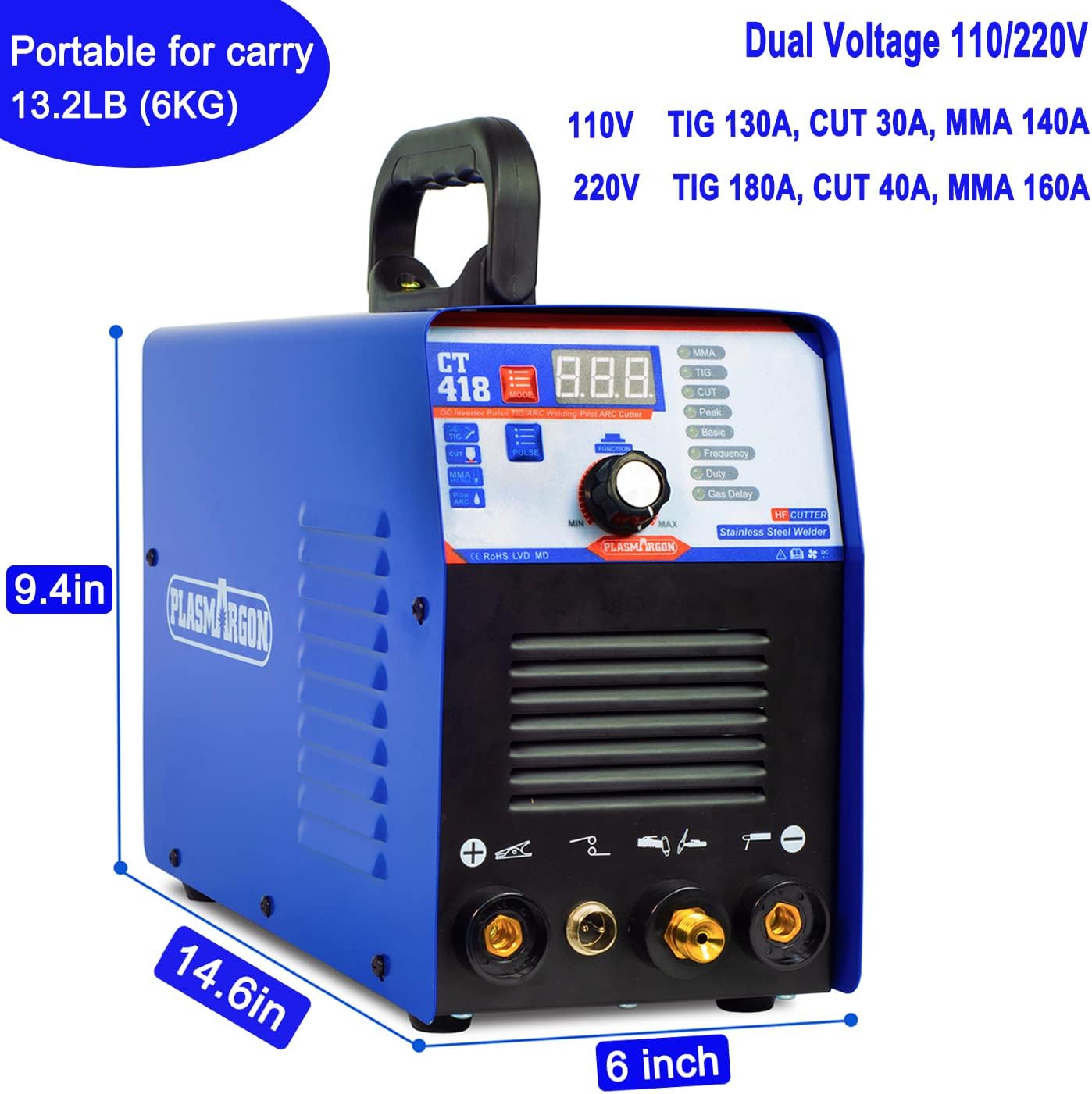 Plasma Cutter TIG Welder (Pulse) Stick Welder - CT418 3 in 1 Combo Welding Machine, 180A Pulse TIG/Arc Welding, 40A Plasma Cutting, 110/220V Dual Voltage Digital Display Portable Welder Machine