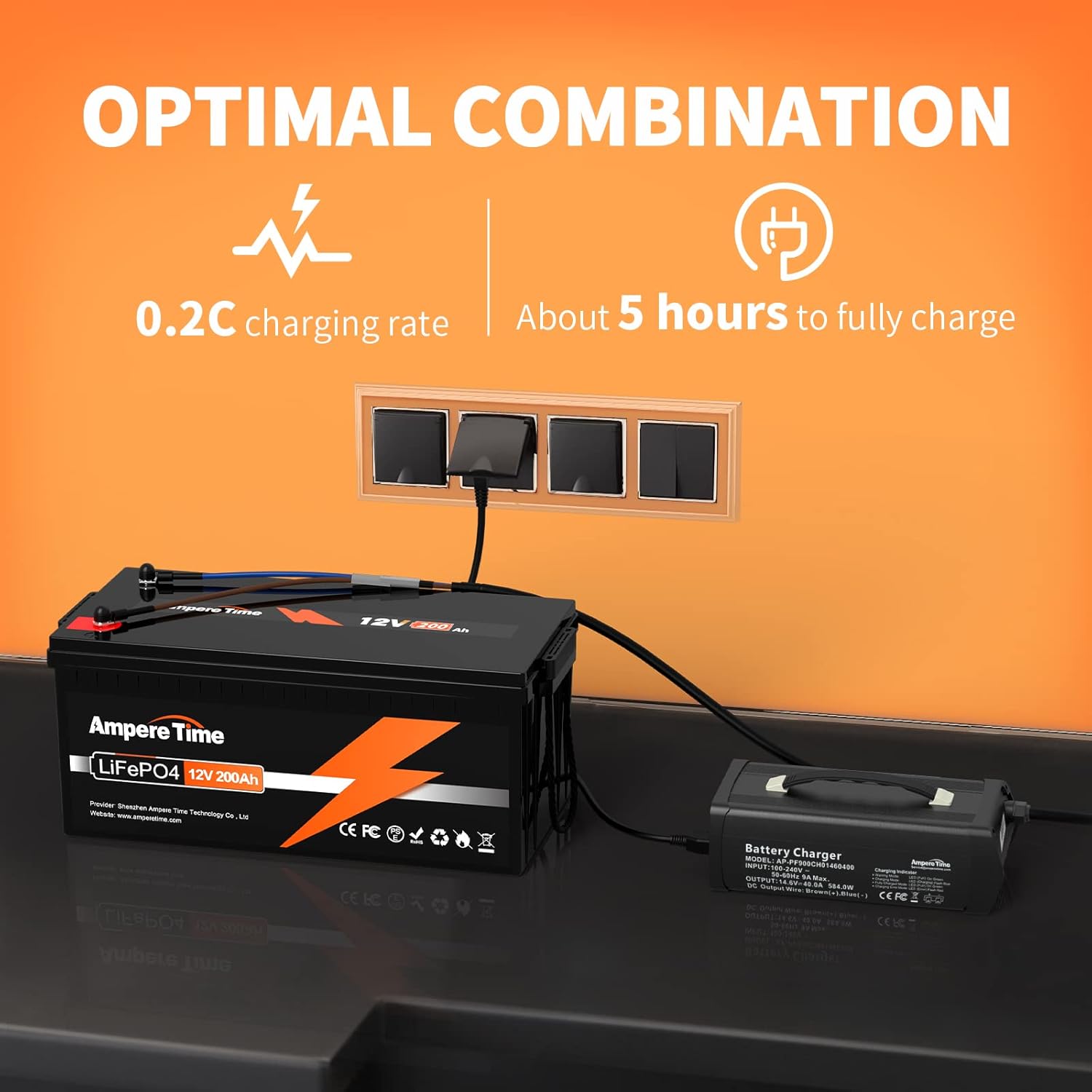 Ampere Time 12V 200Ah LiFePO4 Battery with 14.6V 20A Dedicated Lithium Battery Charger; Built-in 200A BMS, 4000+ Cycles, Perfect for RV, Solar, Marine, Overland, Off-Grid Application��