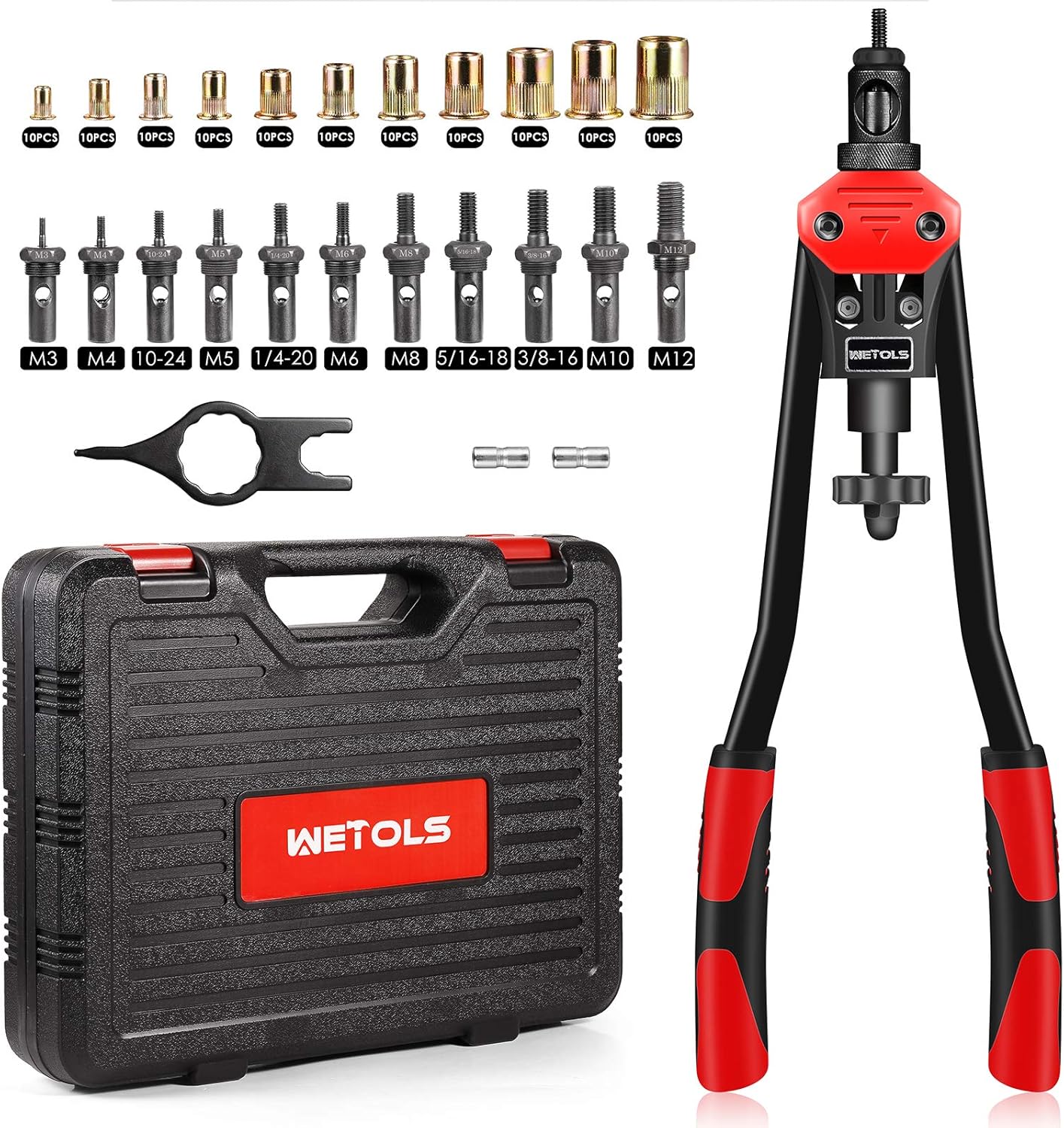 WETOLS Rivet Nut Tool, Hand Rivet Nut Tool with 7 Metric & Inch Mandrels M6 M8 M10, 1/4-20, 5/16-18, 3/8-16, 70pcs Rivnuts and Blow Carry Case - WE-882 Pack of 2