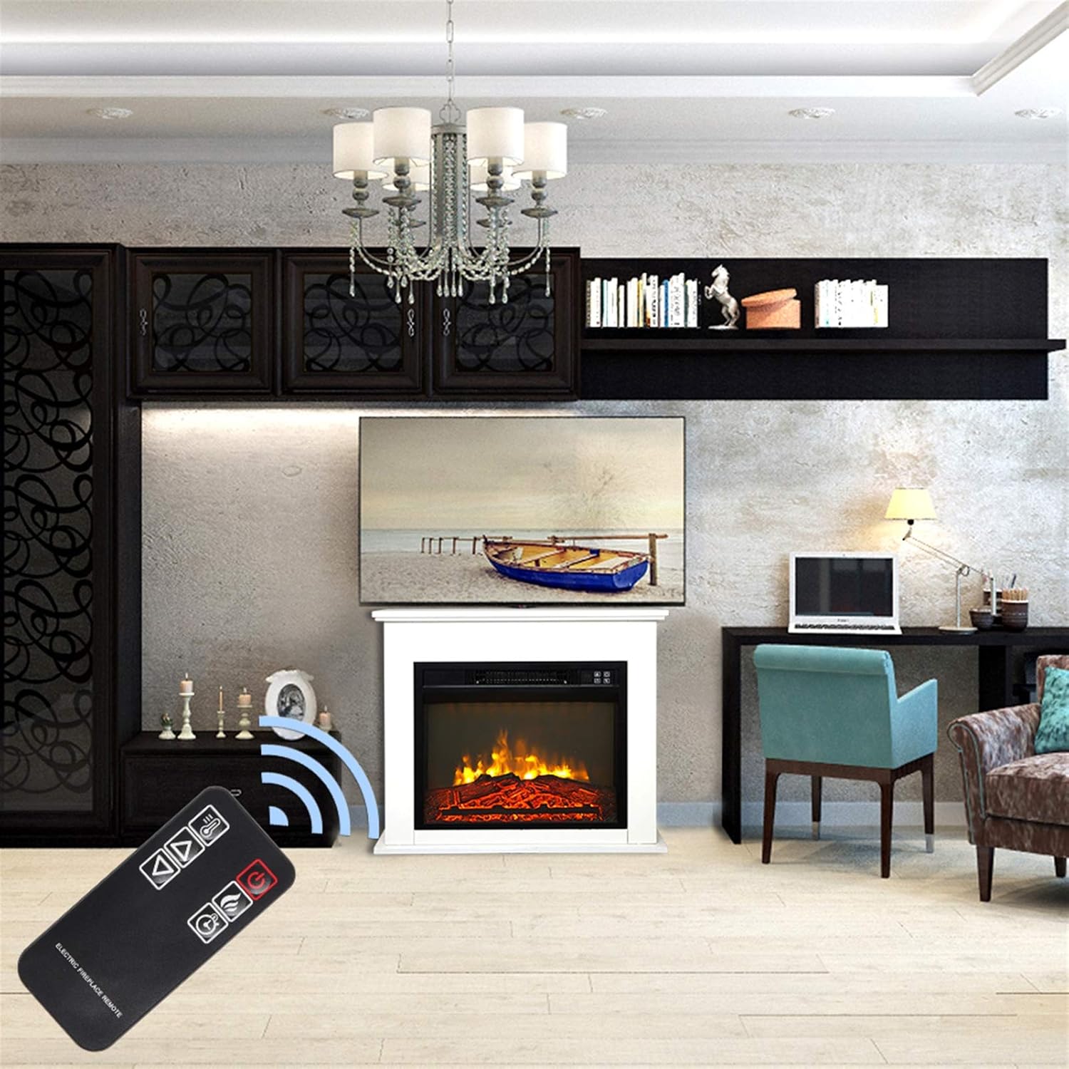 Electric Fireplace - 24.8 Inch White Wood Fireplace Cabinet with Mantel Package Freestanding Fireplace Heater , Fireplaces Stove Heater with Auto-Shutoff,Overheat Protection and Remote Control