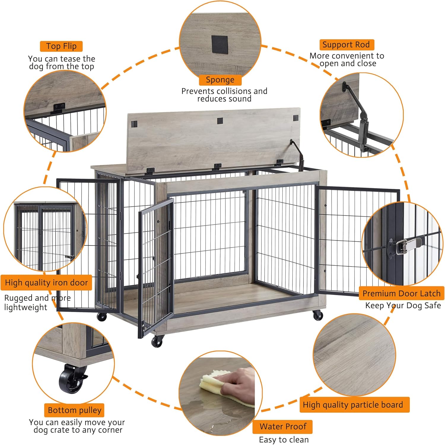 Dog Crate Furniture: Furniture Style Dog Crate Side Table on Wheels with Double Doors and Lift Top Dog Kennel Indoor for Small/Medium/Large Dog End Table Grey