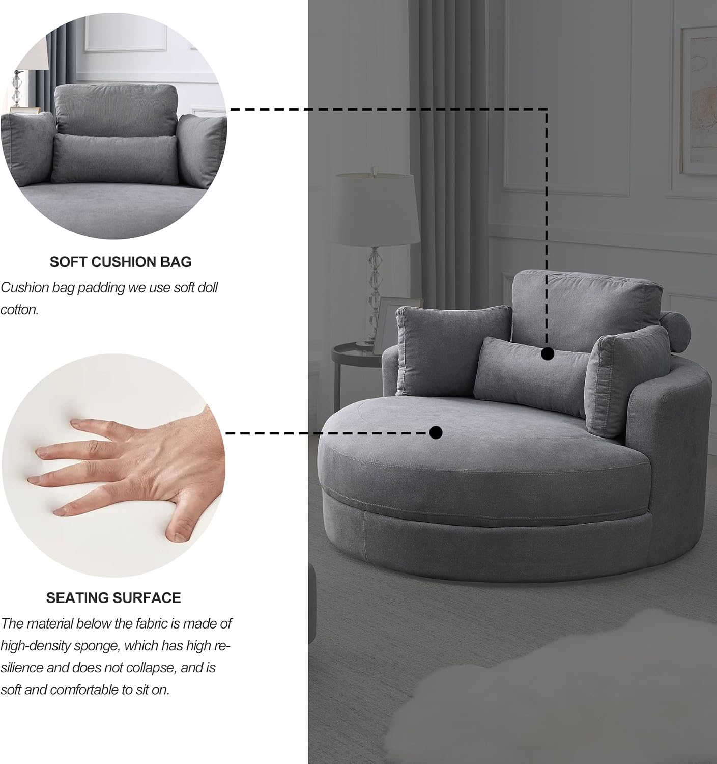 Welike Swivel Accent Barrel Modern Dark Grey Sofa Lounge Club Big Round Chair with Storage Ottoman Linen Fabric for Living Room Hotel with Pillows