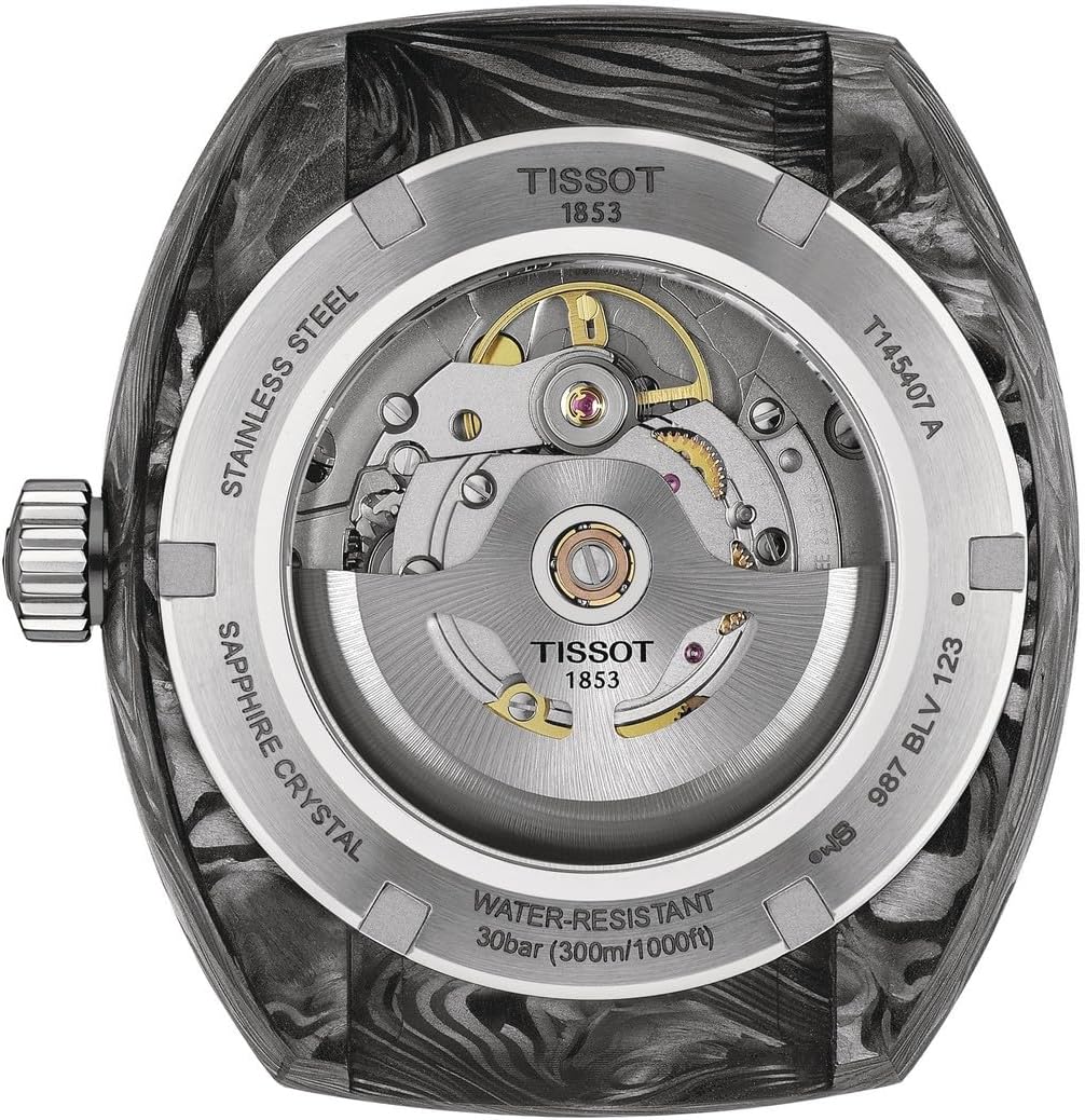 Tissot Unisex Sideral S Powermatic 80 316L Stainless Steel case with Black and Grey Marbled Forged Carbon Automatic Watches, Yellow, Rubber, 20 (T1454079705700)
