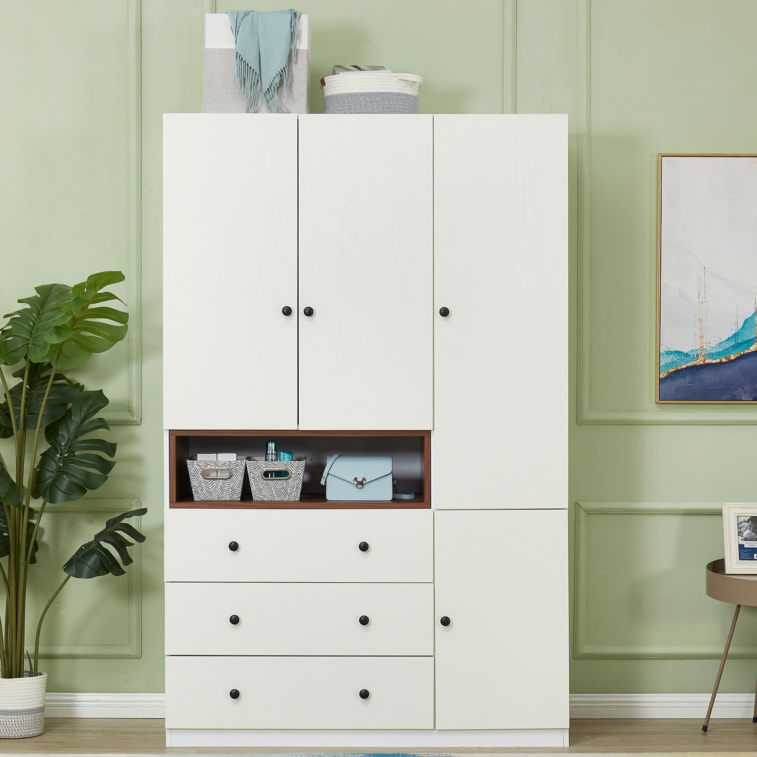 Wooden White 3-Door Armoire Wardrobe Closet with Hanging Rod Bedroom Armoires Wardrobe Closet Large Capacity Wardrobe Cabinet 47.3" W x 20.3" D x 74.2" H