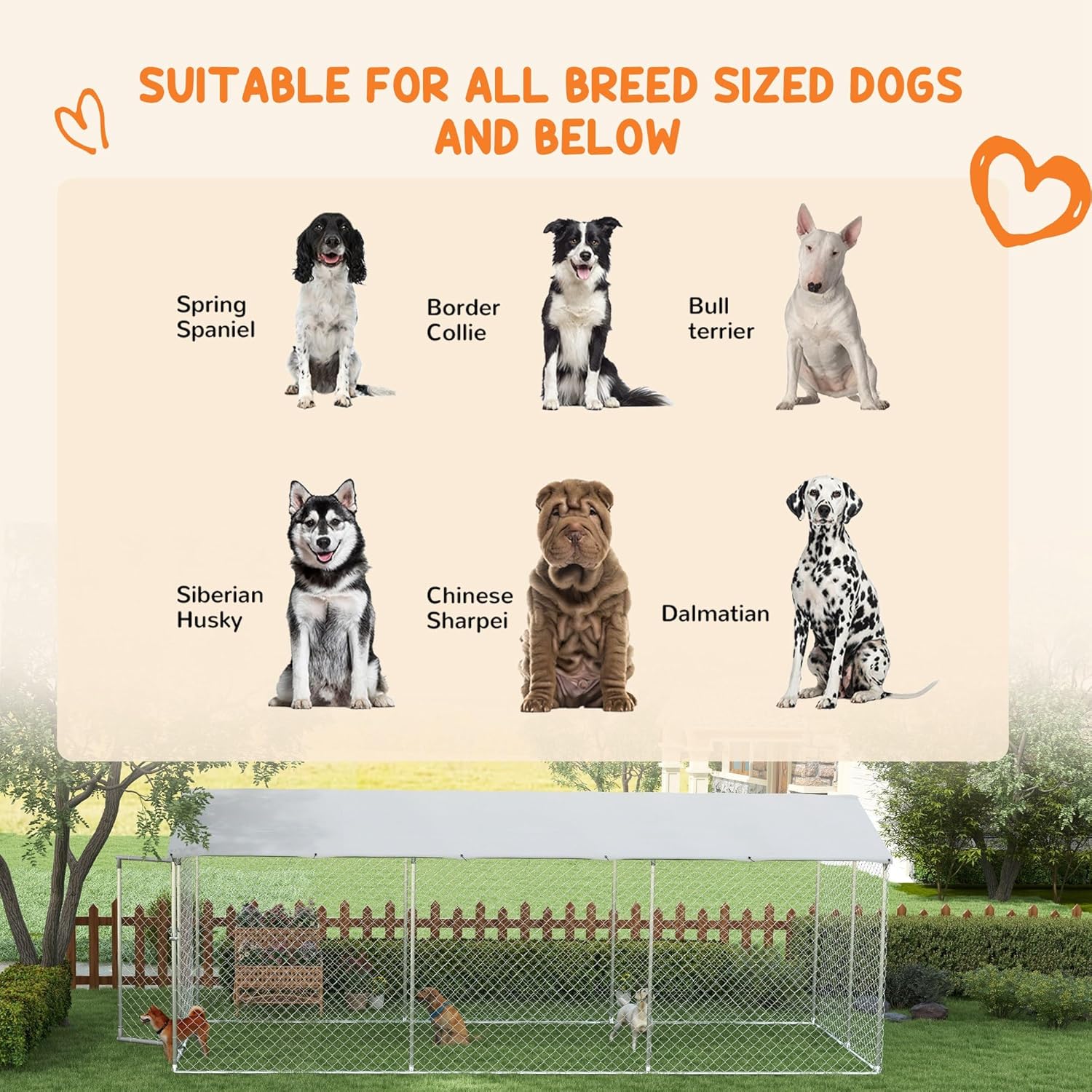 PawHut Large Dog Kennel Outside, Heavy Duty Dog Cage with Waterproof Cover, Outdoor Fence Dog Run with Galvanized Chain Link, Secure Lock, 19.7' x 7.5' x 7.5'