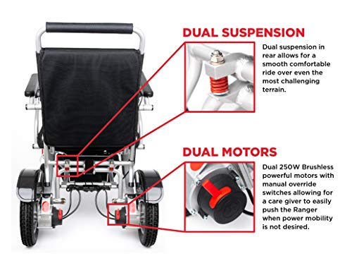 Porto Mobility 2024 Ranger Discovery Lightweight Foldable Weatherproof Exclusive Electric Wheelchair, Portable, Brushless Powerful Motors, Dual Battery, All Terrain (Silver, Standard)