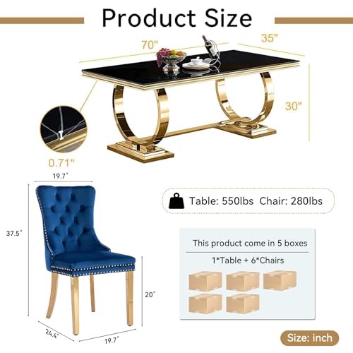 70" Luxurious Marble Dining Table Set for 6, Modern Faux Marble Dining Table with 6 Black Velvet Dining Chairs Set, Kitchen Table with Gold Stainless Steel Pedestal, 7 Piece Dining Table Set