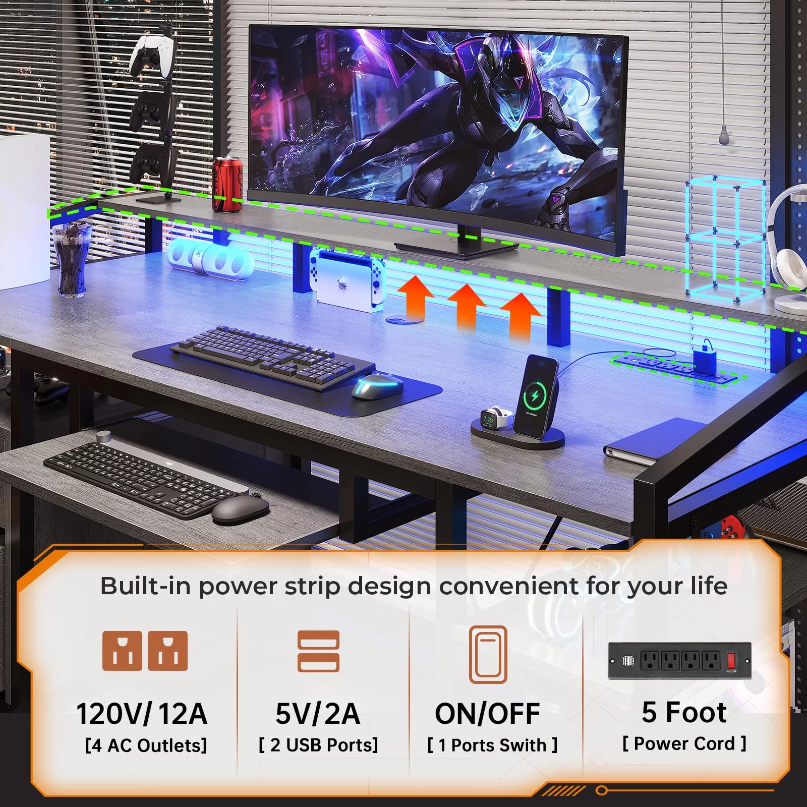 SEDETA 63" Computer Desk, Office Desk with Lock Drawers for Legal/Letter File, Gaming Desk with LED Light and Power Outlet, Gray