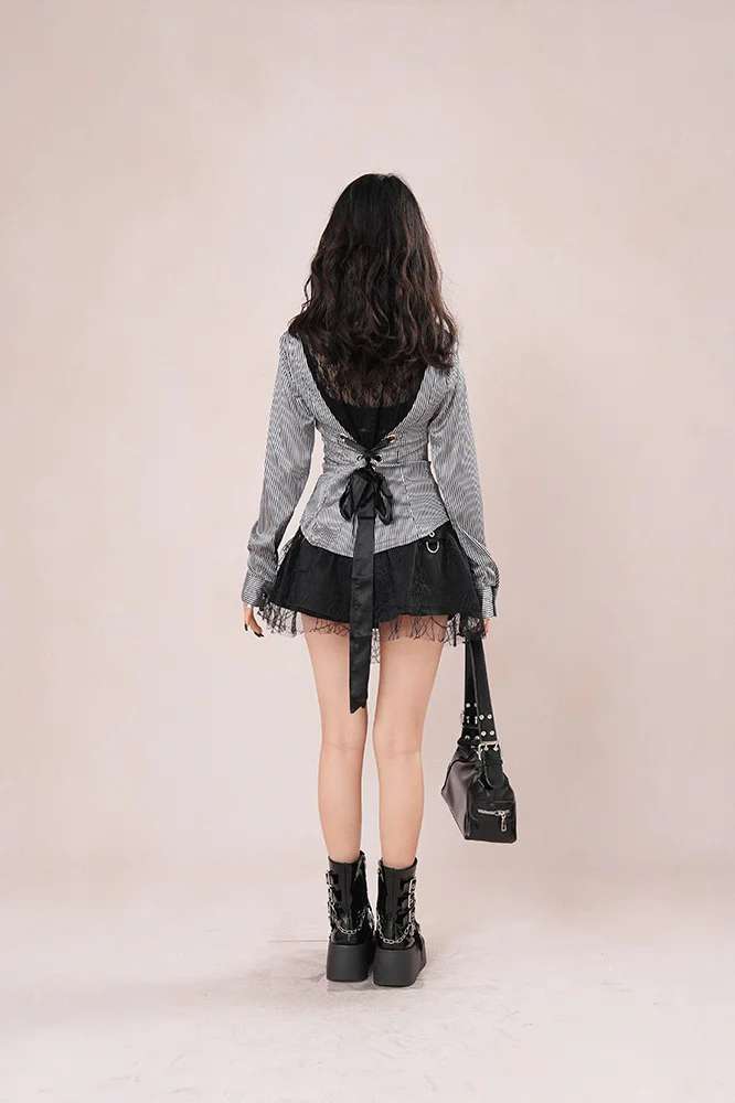’Sweet Entwine' Lace Patchwork Bow-Tie Blouse & Mini Skirt Set