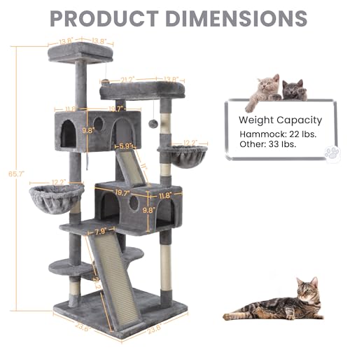 SHA CERLIN 65in Larger Cat Tree Tower Condo for Indoor Cats, Multi-Level Furniture Activity Center with Wide Base/Cozy Plush Cat Perches/Baskets/Sisal Scratching Posts and Hammock/Grey