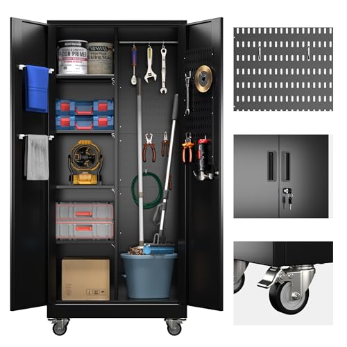 73" H Metal Storage Cabinet with Wheels, Garage Storage Cabinet with 4 Adjustable Shelves and Lockable Doors for Garage Home Office Utility Room,Required Assembly,Black