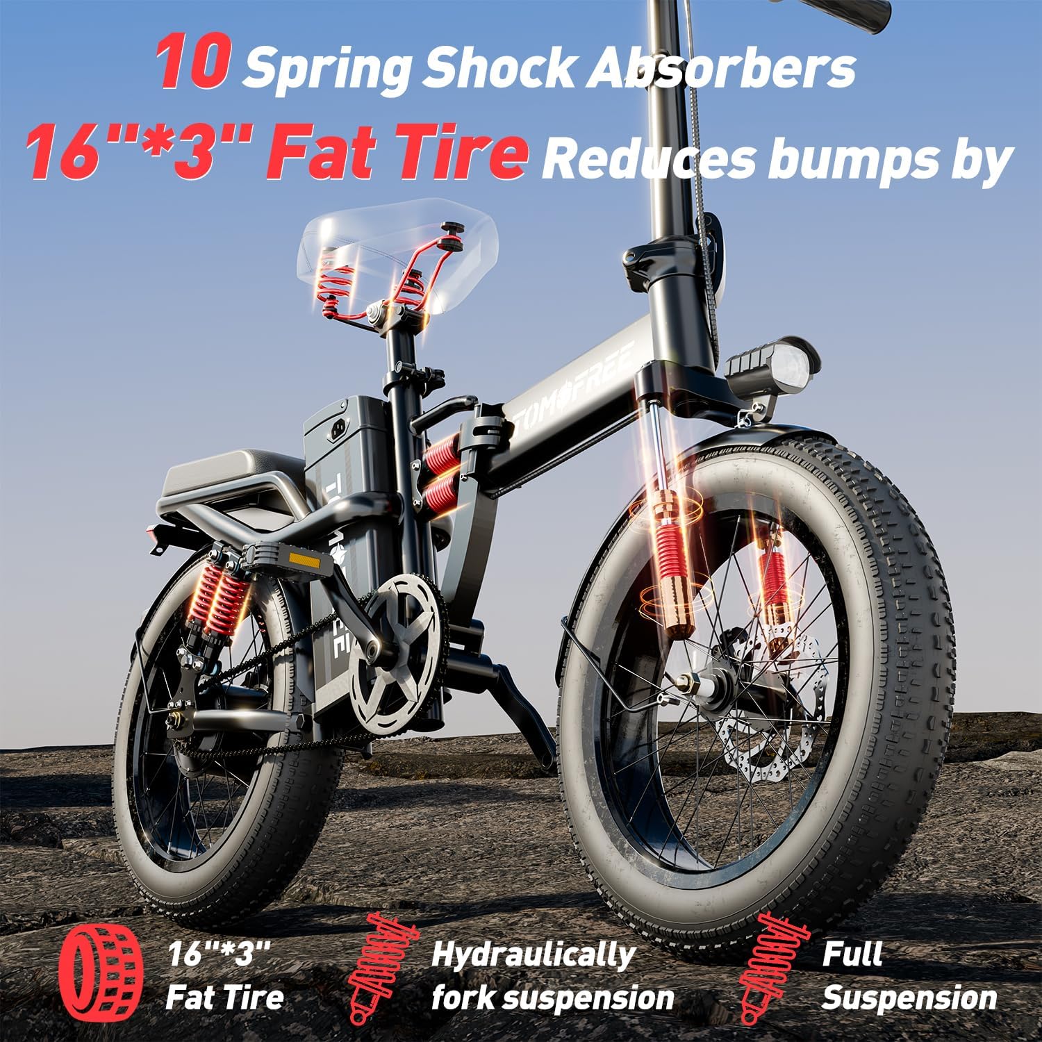 Tomofree Folding Electric Bike for Adults 30MPH 1200W EBike, 48V 20AH Removable Battery for Electric Bicycles, 40Miles Max Range, 10 Shock Absorbers, 16'' Tire Foldable E-Bike, City Commuter