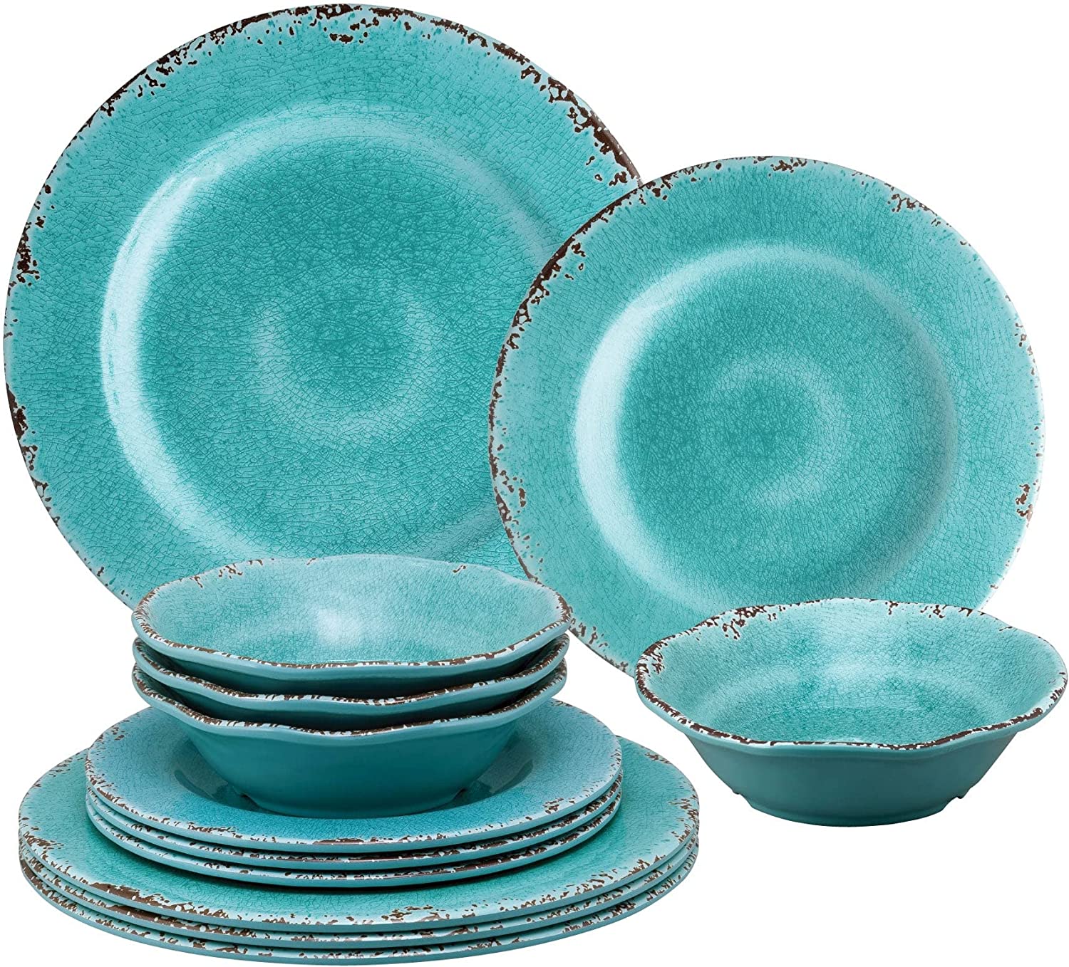 DIQINware 12-Piece Melamine Dinnerware Set, Includes Dinner Plates, Salad Plates, Bowls, Service for 4. (Crackle, Yellow)