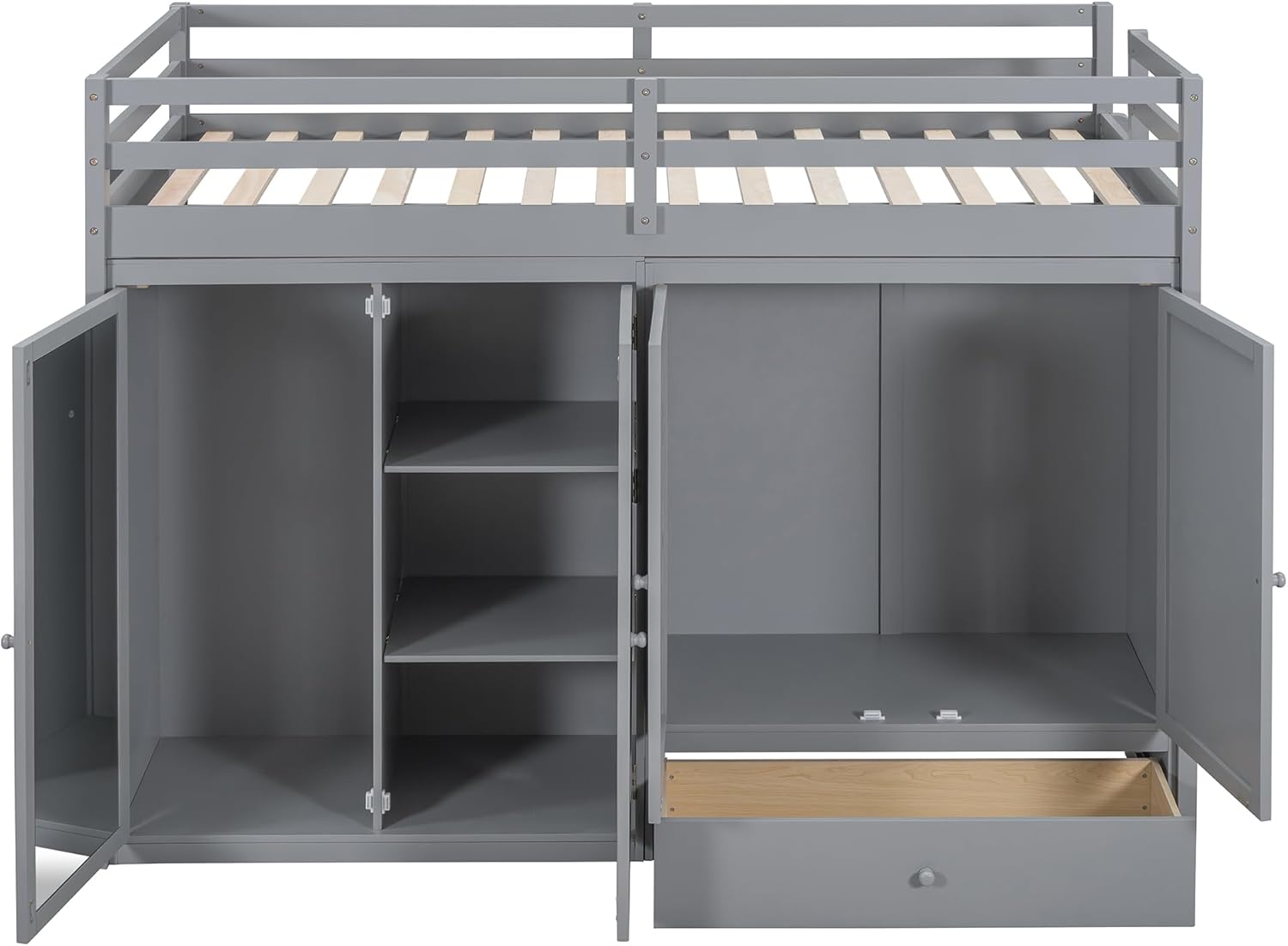 Twin Size Loft Bed with Storage Drawer and Two Wardrobes, Wood Low Loftbed with Ladder & Mirror, for Kids Teens Adults Bedroom, Gray