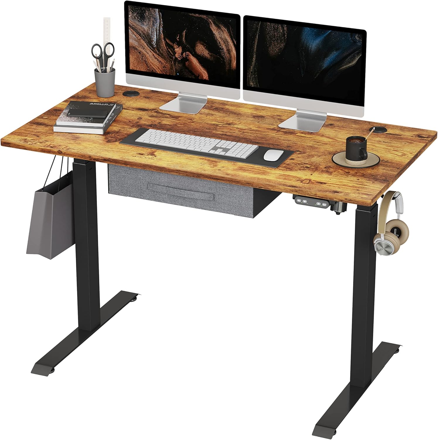 BANTI Adjustable Height Standing Desk with Drawers, 55x24 Inches Electric Stand Up Desk, Sit Stand Home Office Desk with White Frame/White Top