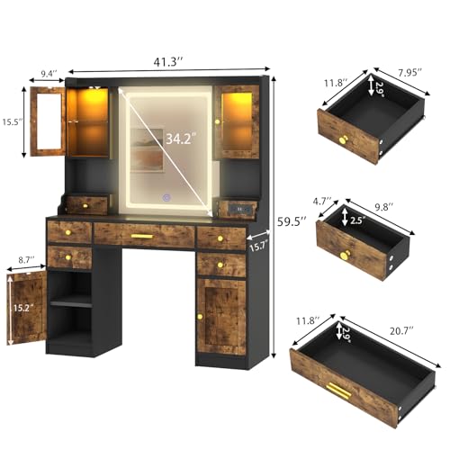 White Makeup Vanity Desk with Mirror and Lights, Large Vanity Table Set with Charging Station, Dressing Table with RGB Cabinets, Makeup Vanity Mirror with Lights Desk and Drawers, 3 LED Lights Modes
