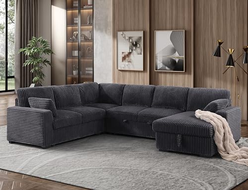 Oversized U-Shaped Sectional Sofa Couch Plush Corduroy Upholstered Modular Deep Seat Sofa&Couch Sectional W/Right Facing Chaise Lounge and 7 Toss Pillows for Home Apartment Living Room Furniture Sets