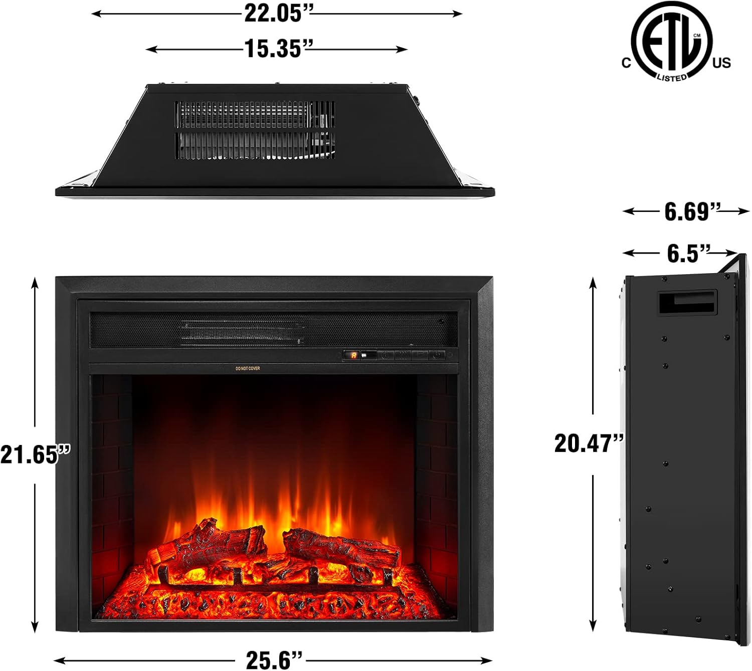 oneinmil Electric Fireplace, 25 inches Insert Electric Fireplace, Home Office Heater with Remote Control and Thermal Protection, 750/1500W, Black