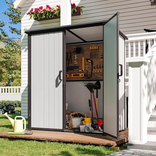 Aoxun 6 x 8 FT Outdoor Storage Shed with Window, Resin Shed with Floor & Lockable Doors, Garden Shed Waterproof Plastic Tool Shed with Sloped Roof for Backyard, Garden, Patio, Lawn, Grey