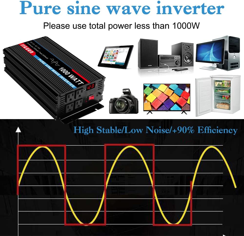 JIGUUN 3000 Watt/6000 Watt Pure Sine Wave Inverter, Power Converter 12V DC to 110v/120v AC, Car Inverter with 4 AC Outlets&USB Port 170ft Wireless Remote Control for RV Camping Truck(3000W-12V)