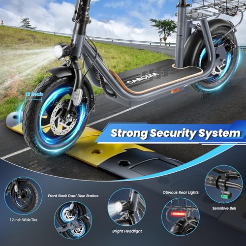 Caroma Peak 800W/1200W Electric Scooter Adults, 30 Miles Max Range, Foldable Electric Scooter with Seat, Front Suspension, Detachable Large Basket,Commuter E-Scooter for Adult and Teens