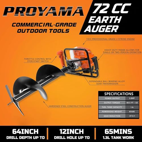 PROYAMA 54cc Post Hole Digger Gas Powered 2 Cycle Earth Auger, 5-Year Warranty Gear Box, 4 Drill Bits 4" 6" 8" 12" + Extension Rod 12" 20"