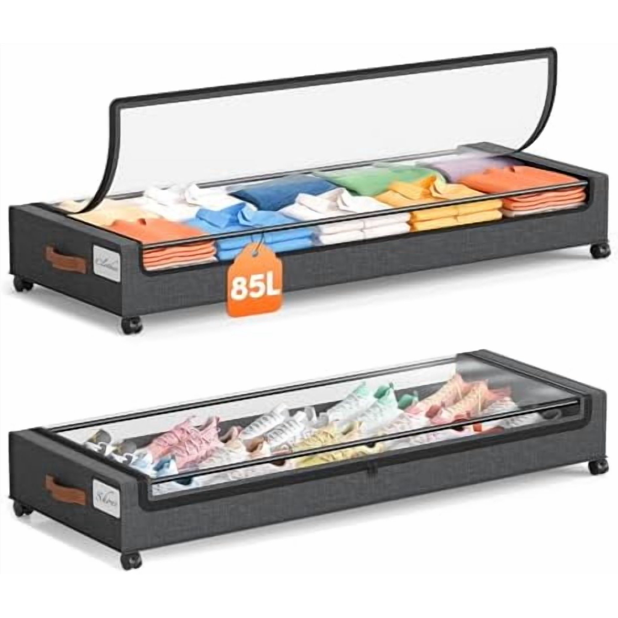 Under Bed Storage with Wheels 2 Pack, 85L Extra Large Under Bed Storage Containers with Metal Frame &amp; Clear Lid, Rolling Underbed Organizer Bins Drawers for Clothes, Shoes, Blankets, Hemp Grey