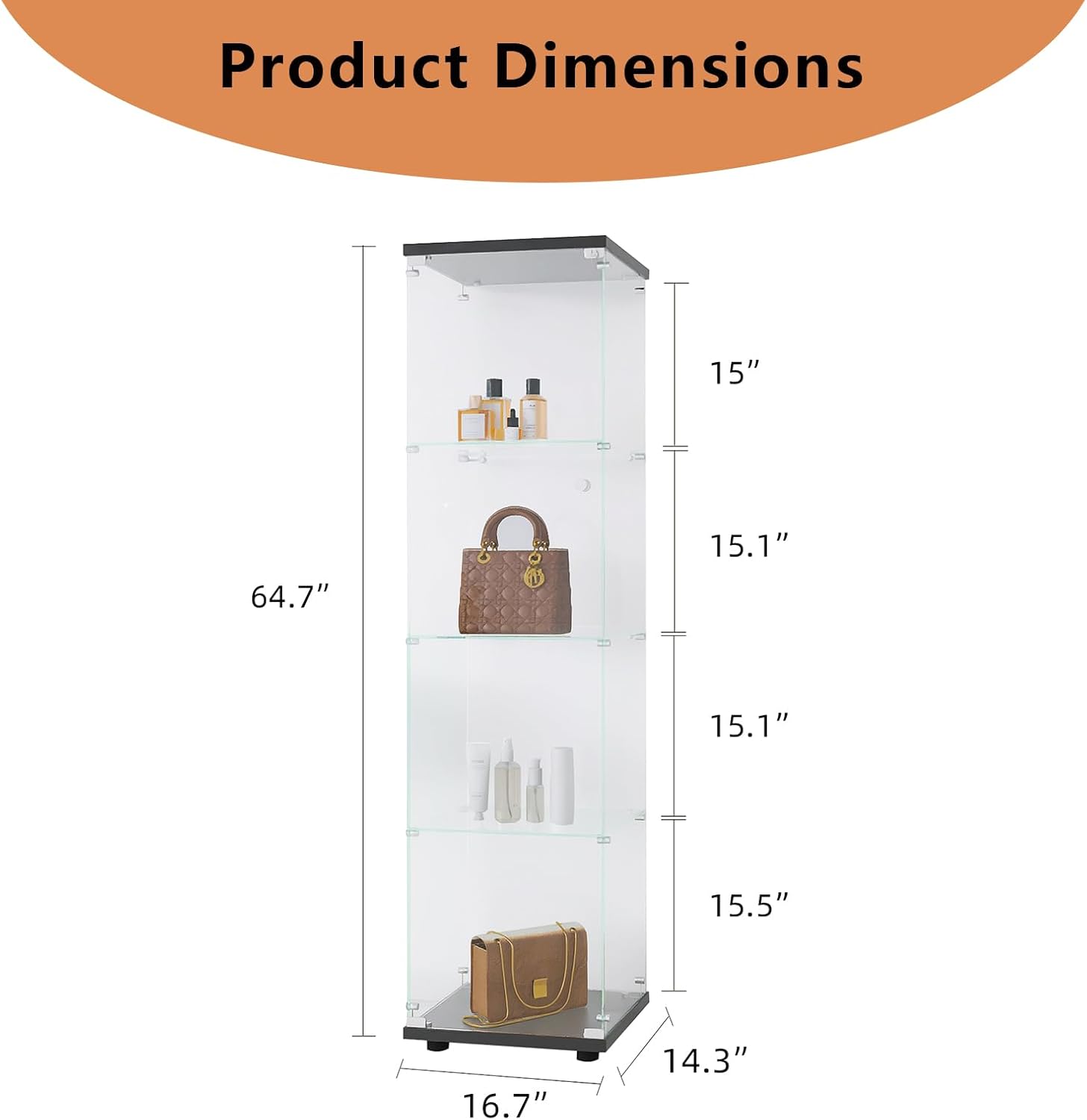 Glass Display Cabinet 4 Shelves with Door,4mm TemperedGlass CurioCabinets Floor Standing Bookshelf for Living Room,Bedroom,Office
