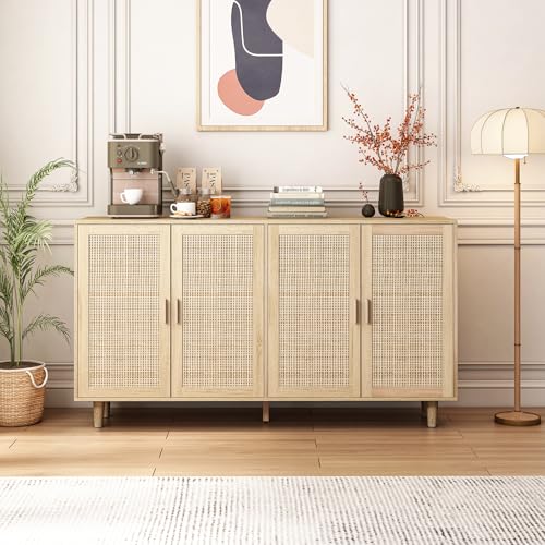 Sideboard Buffet Cabinet with Storage, Storage Cabinet with 4 Rattan Doors, Accent Cabinet with Iron Framework Feet, Sideboard Wooden Console Cabinets for Living Room, Kitchen (Natural)