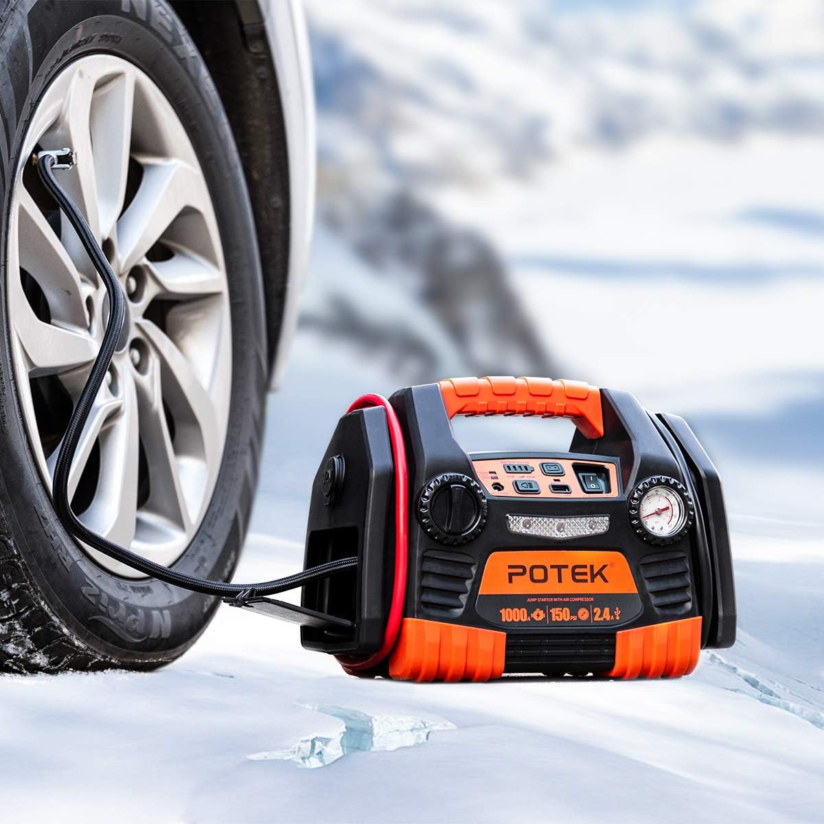 Kinverch Portable Car Jump Starter 1000 Peak Amp 12-Volt with 1-USB 1-12V Power Ports & 150 PSI Air Compressor