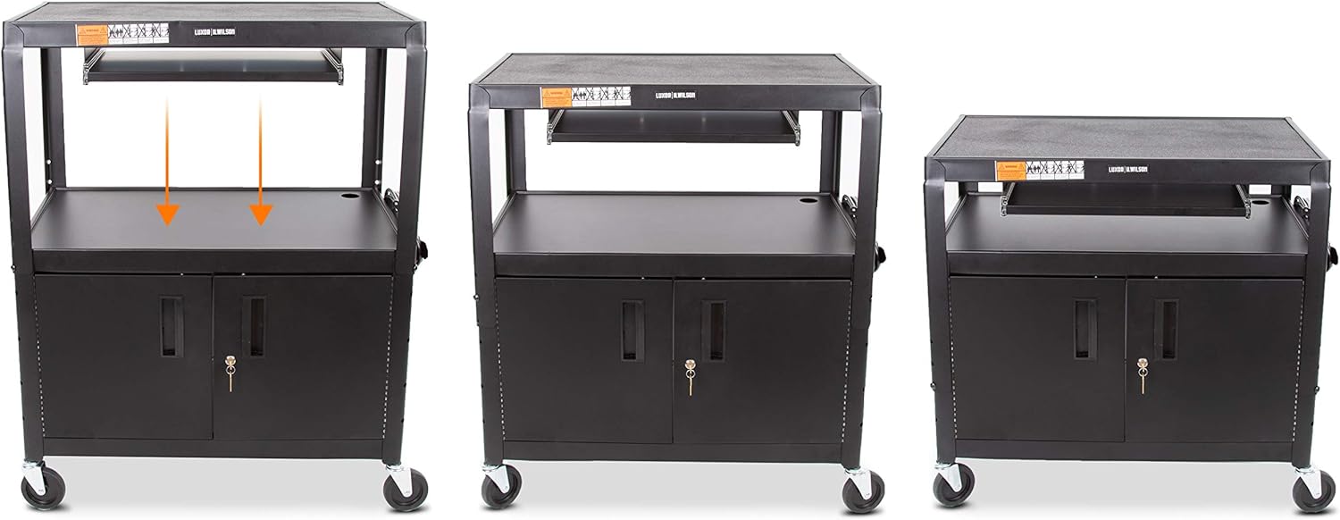 Line Leader Large AV Cart with Locking Cabinet | Height Adjustable Utility Cart | Includes Pullout Keyboard Tray & Cord Management | Easy Assembly (32in x 18in x 42in / Black)