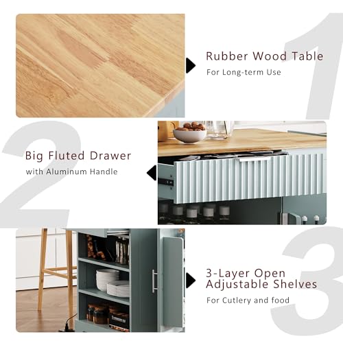 60" Kitchen Island with Drop Leaf and Power Outlet, Rolling Kitchen Cart on Wheels with Trash Can Storage Cabinet, Spice Rack, Towel Rack and Adjustable Shelf for Dining Room
